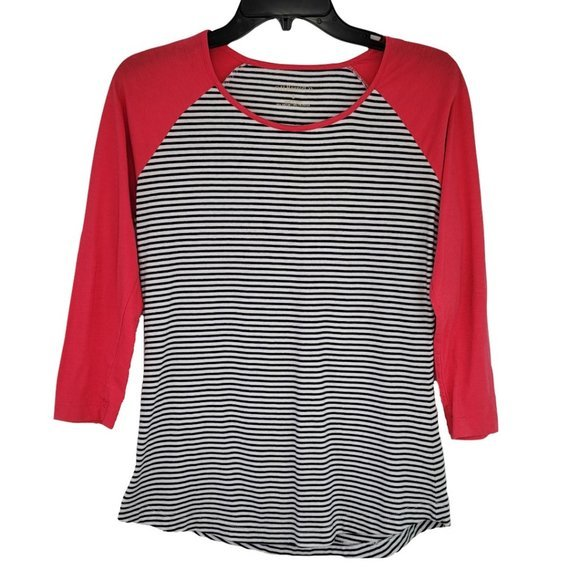 G.H.‎ Bass & Co Womens Size Small Pink Blue White Striped 3/4 Sleeve T Shirt - Picture 1 of 3